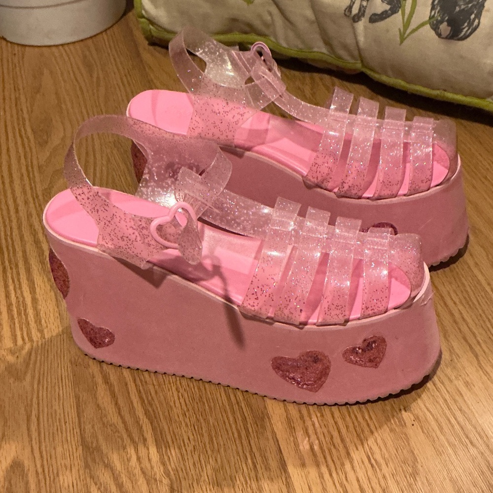 Sugar Thrillz Pink Glitter Platform Sandals with Hearts